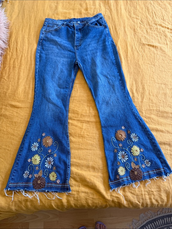The Hippie Shake Denim - Blue Embroidered Flare Jeans - Floral Detail